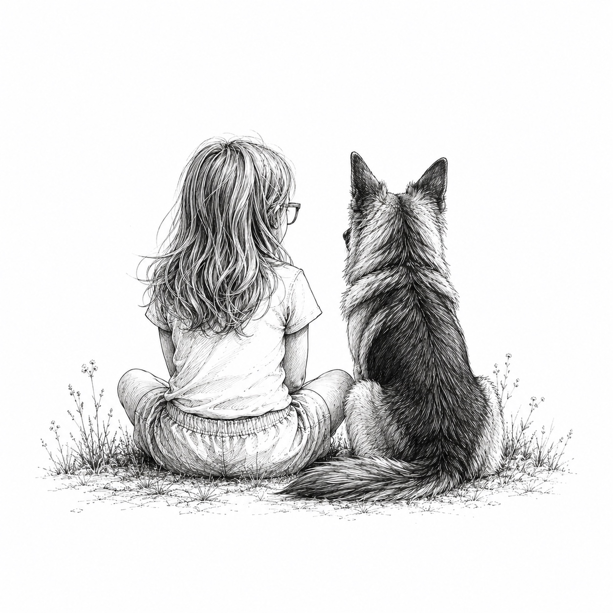 Une fille et un chien assis côte à côte, vus de dos