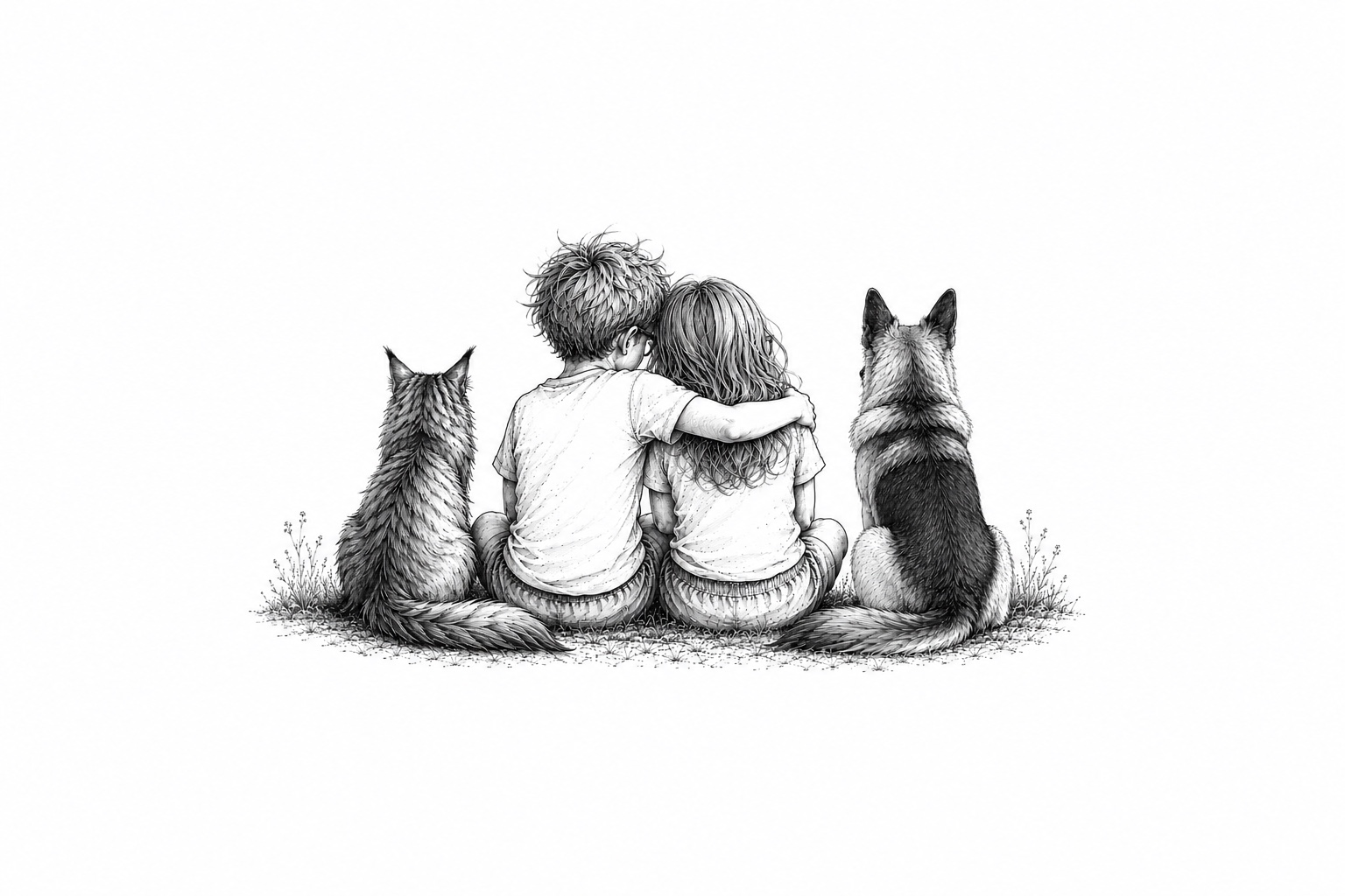 Deux enfants assis côte à côte, entourés d’un chat et d’un chien