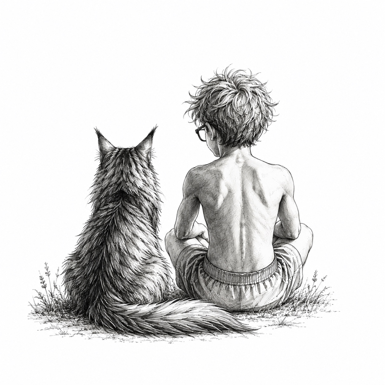 Un garçon et un chat assis côte à côte, vus de dos